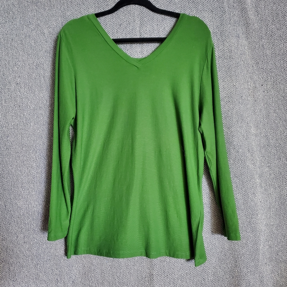 TS : Fits like 1X-2x - Green Reversible V-Neck AND Scoop-Neck Long Sleeve - EUC
